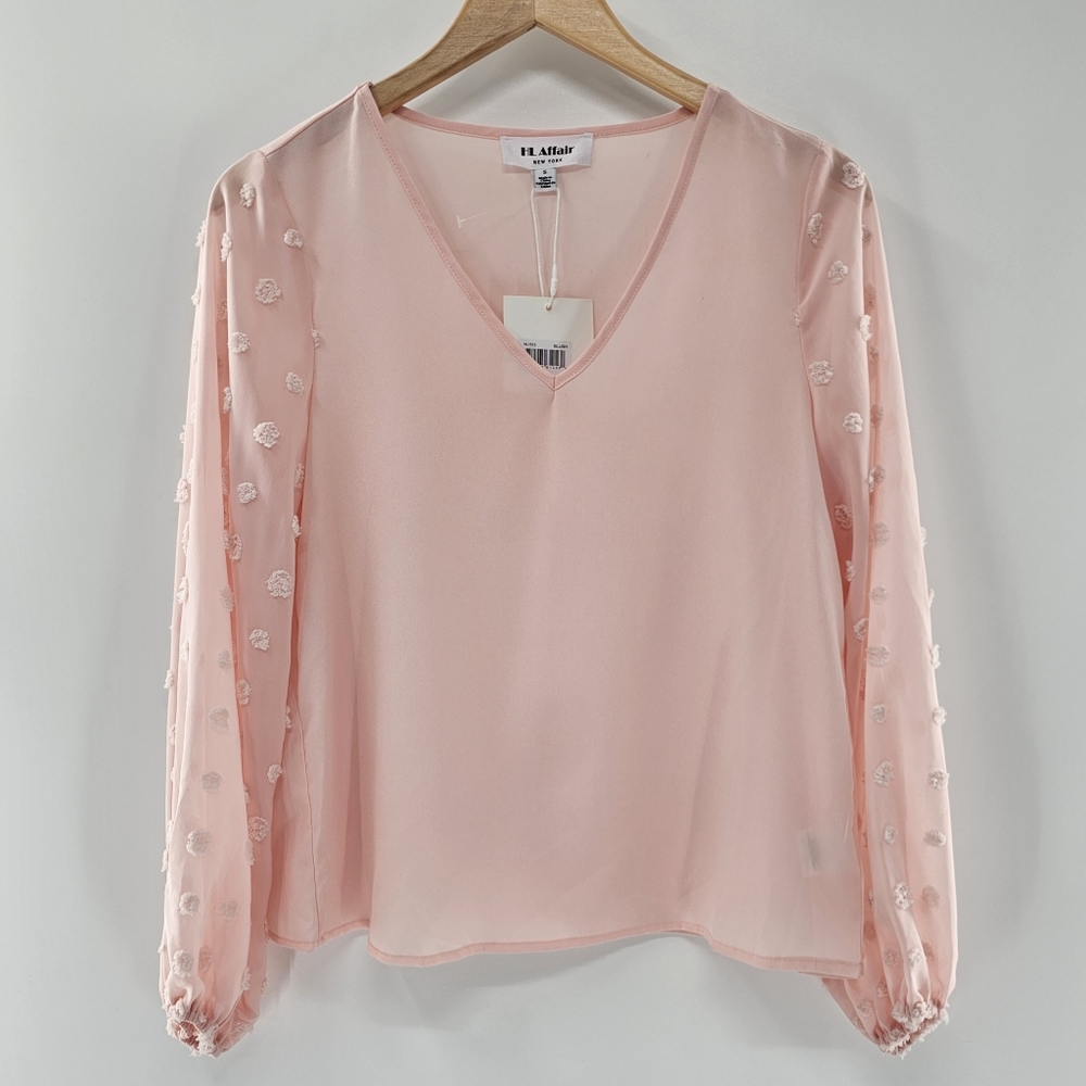 HL Affair Blush V-neck Swiss Dot Long Sleeve Semi Sheer Top Womens Size Small